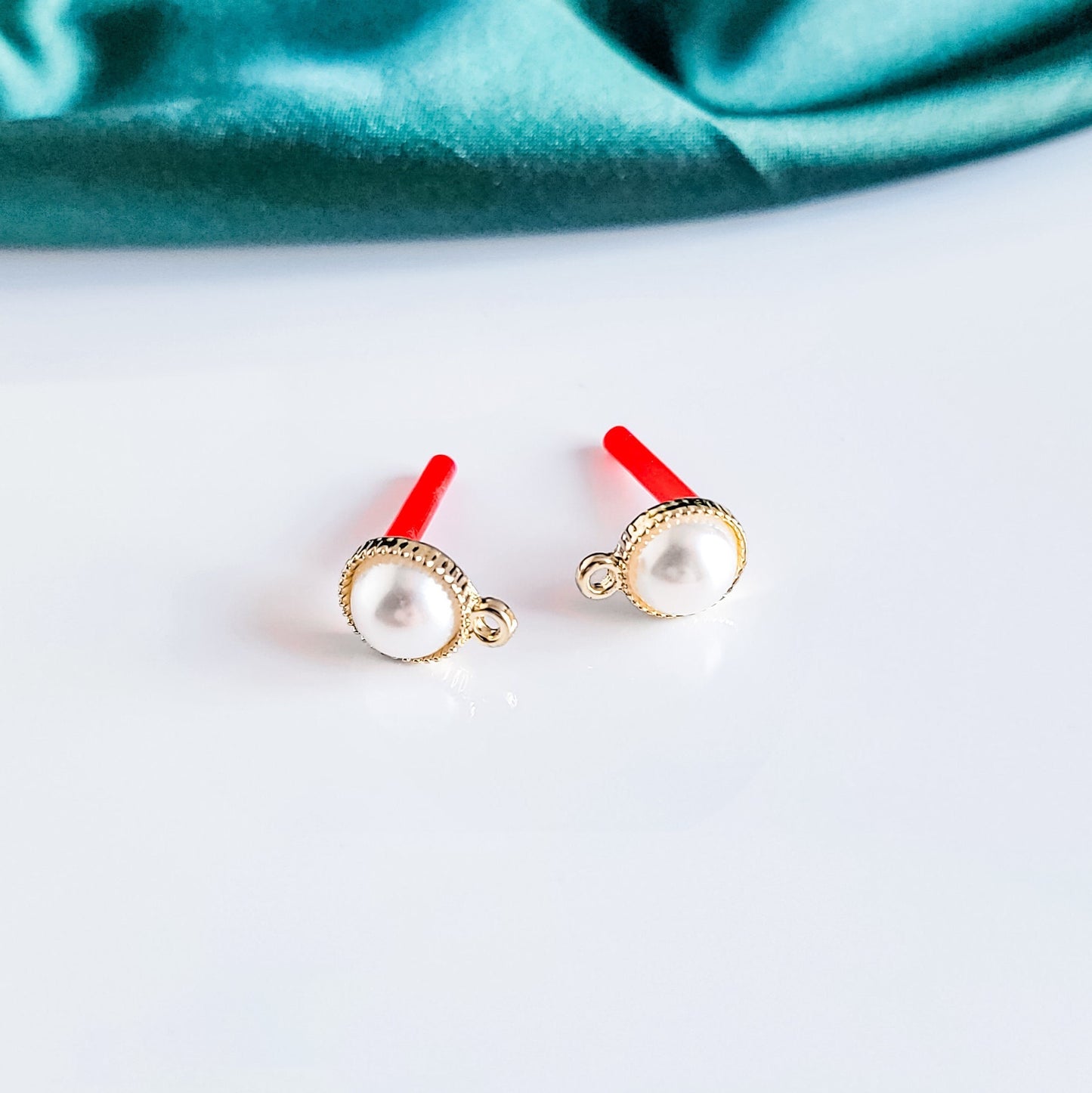 Gold Fancy Bezel Imitation Pearl Stud Connectors with Sterling Silver Posts, 10 Pieces, Stud #67
