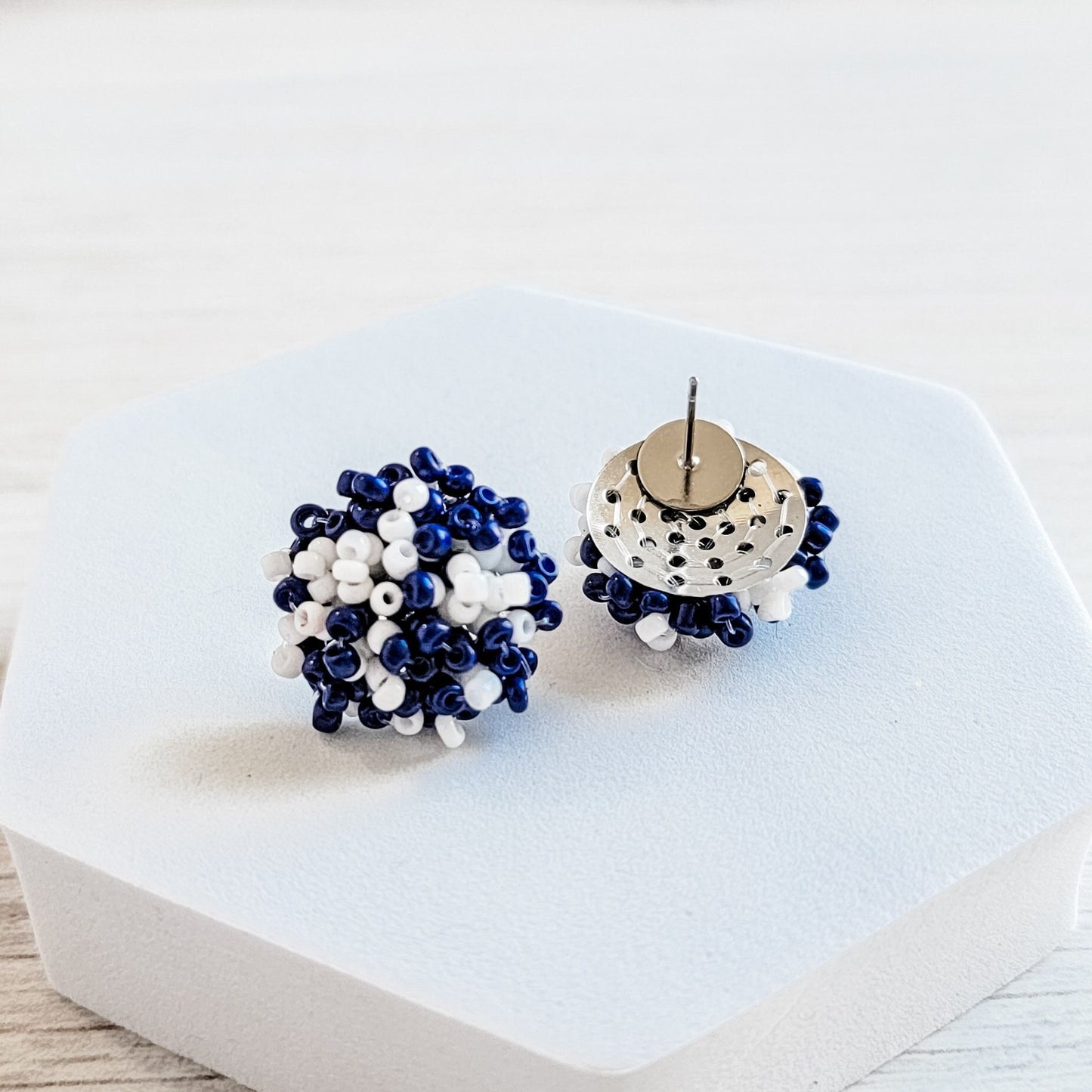 Navy and White Mix 15mm Small Seed Bead Topper, 1 Pair