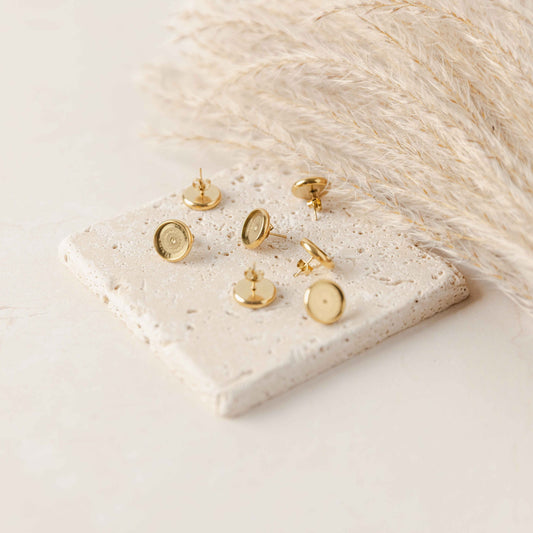 Gold 10mm Stainless Steel Stud Bezels (Regular, No Connector Loop), 10 Pieces, Stud #17