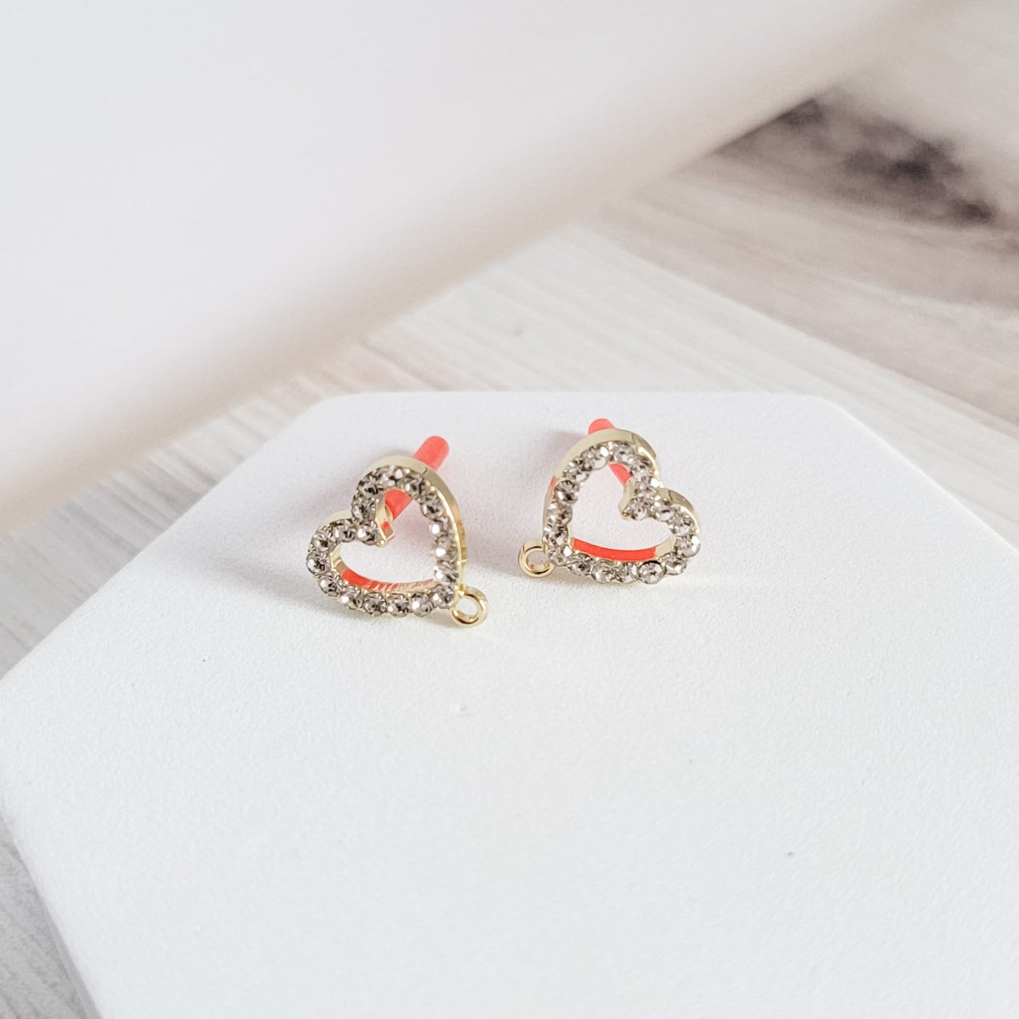 Open Heart Rhinestone GOLD Studs with Loops, 10 pcs, Stud #22