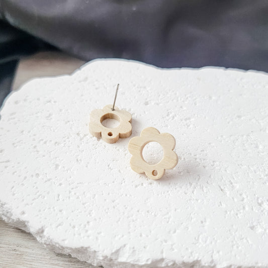 Natural Wooden Open Flower Studs, 10 Pieces, Wood #41