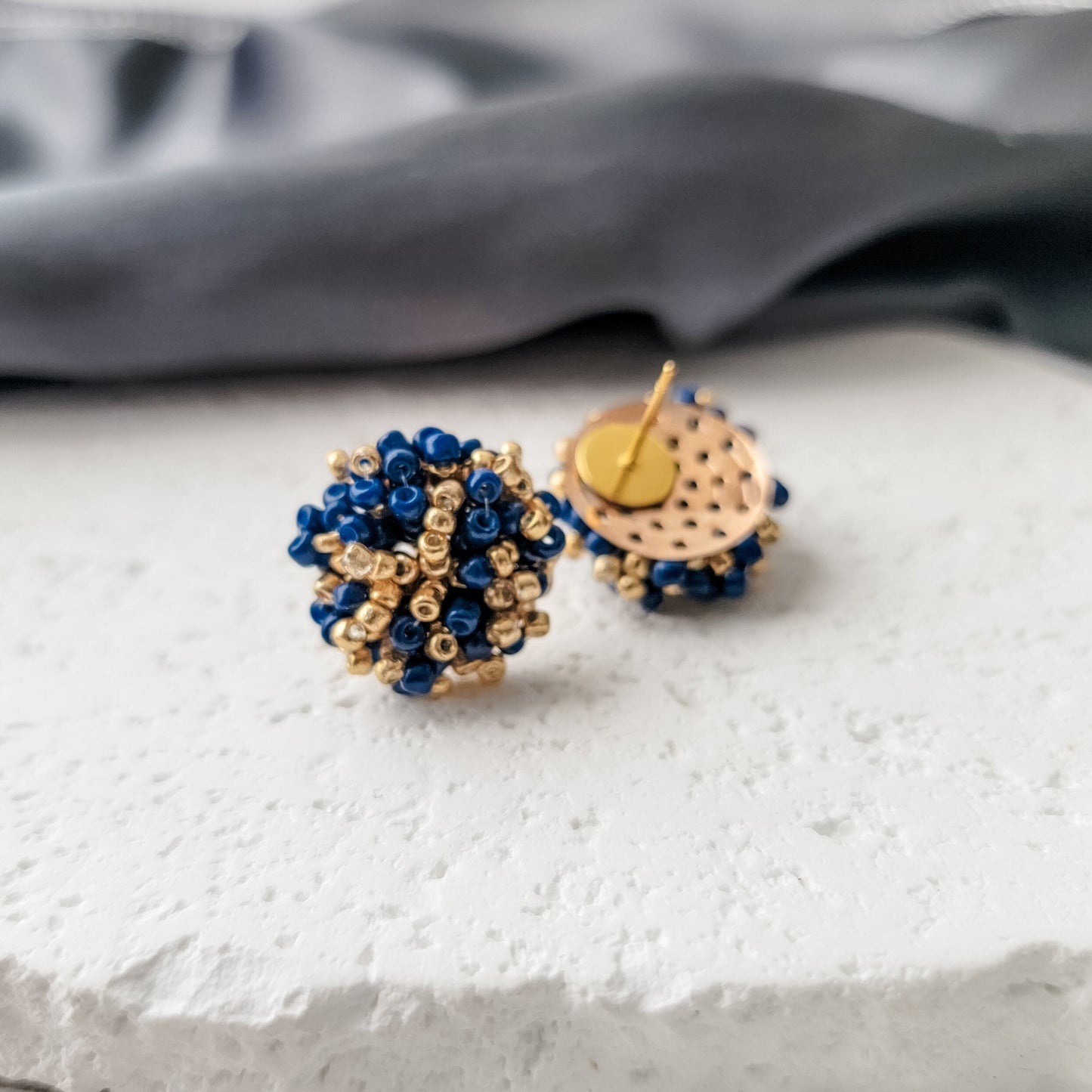 Gold and Navy Mix 15mm Small Seed Bead Topper, 1 Pair