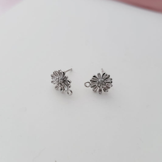 Silver Sunflower 12mm Stud Earring Findings, 10 Pieces