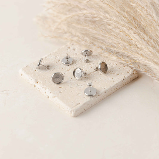 Silver 12mm Stainless Steel Stud Bezels (Regular, No Connector Loop), 10 Pieces, Stud #6