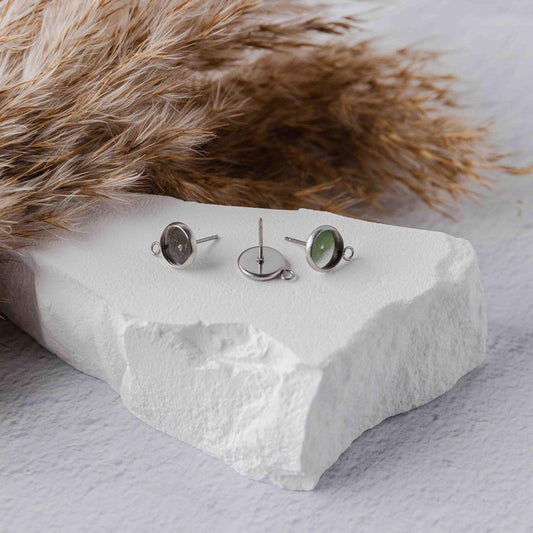 Silver 10mm Stainless Steel Stud Bezel Connector (With Loop), 10 Pieces