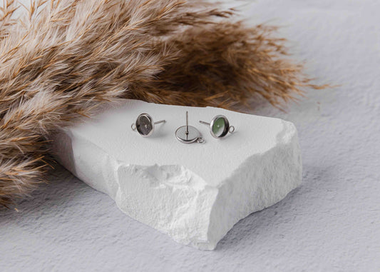 Silver Stud 8mm Stainless Steel Stud Bezel Connector (With Loop), 10 Pieces