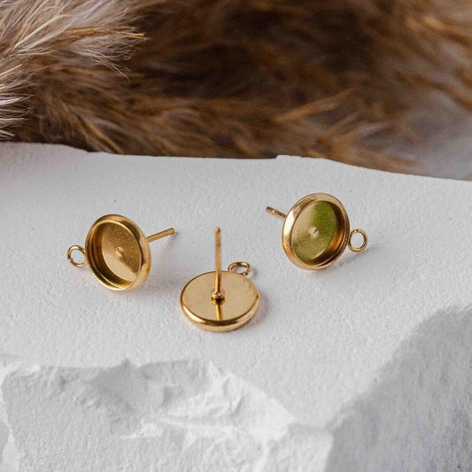 Gold 12mm Stainless Steel Stud Bezel Connector (With Loop), 10 Pieces