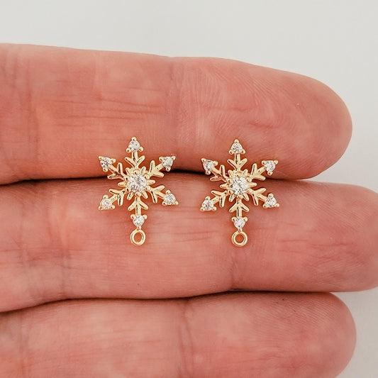 Gold Snowflake Cubic Zirconia Studs with Loops, 10 Pieces