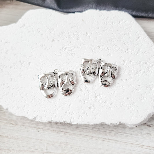 Silver Drama/Comedy Charms, Tragedy Masque Mardi Gras Plated Brass Charms, 10 Pieces