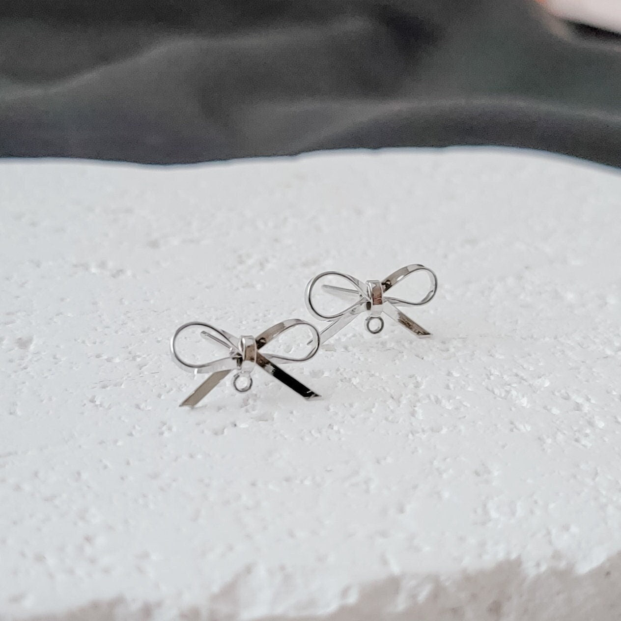 Silver Elegant Sterling Silver Bow Stud Connector, 10 Pieces, Bow #43