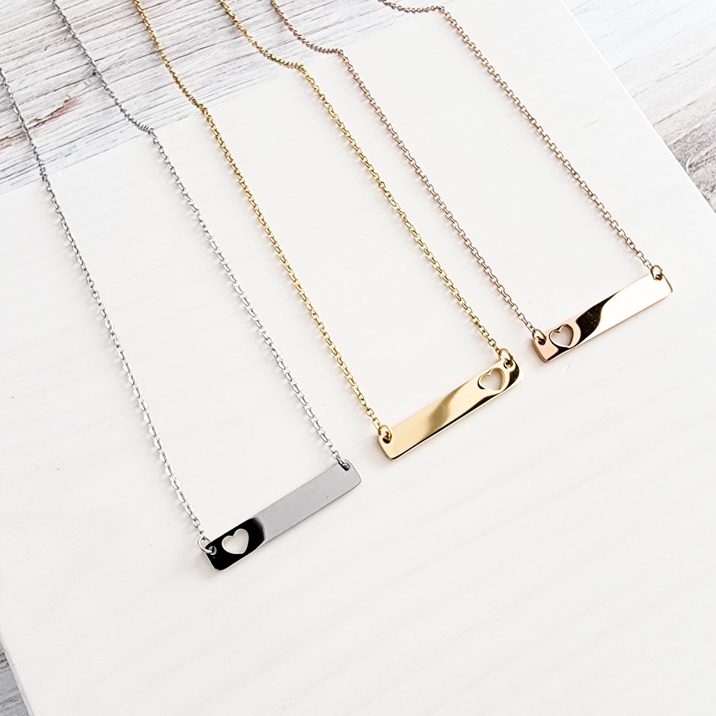 Heart Cutout Horizontal Bar Necklace (Silver, Gold, Rose Gold), 1 Total, Metal Blank #17