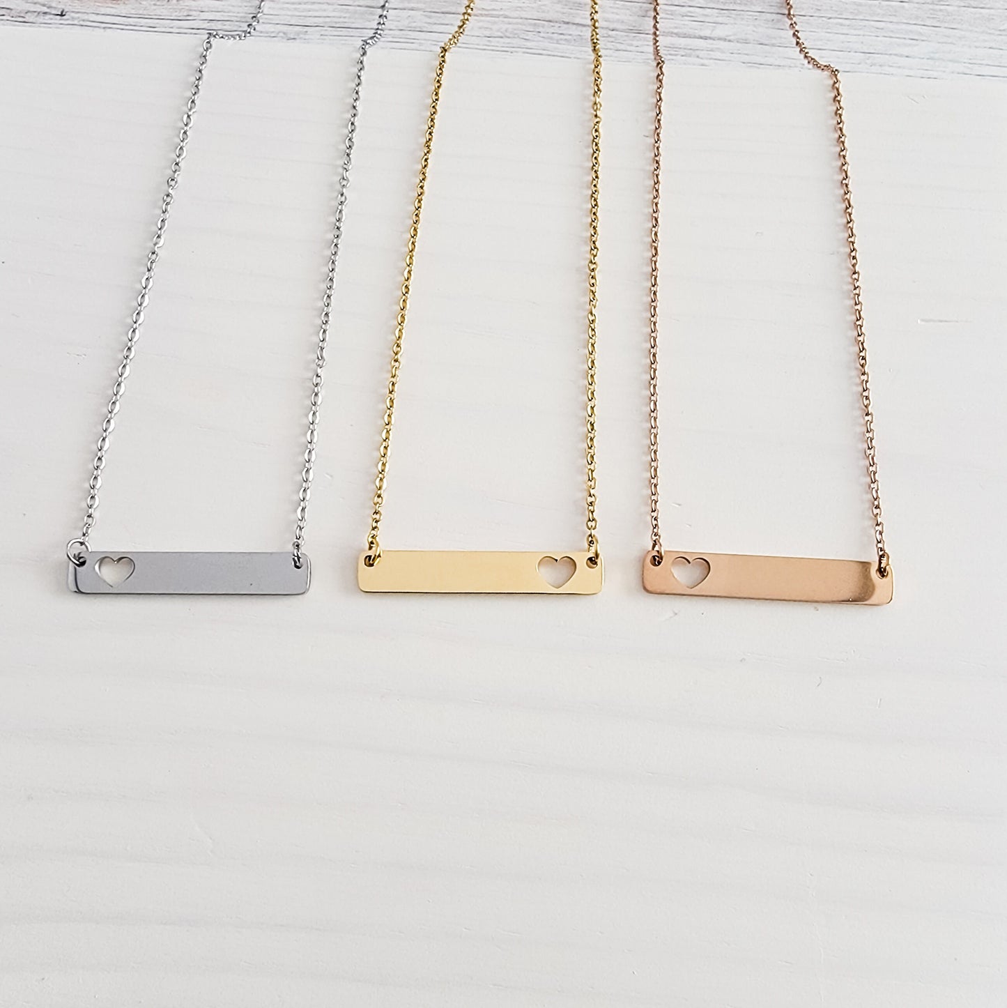 Heart Cutout Horizontal Bar Necklace (Silver, Gold, Rose Gold), 1 Total, Metal Blank #17
