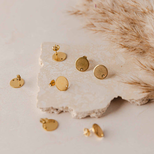 Gold Flat Round Stud Findings with Holes, 10 Pieces