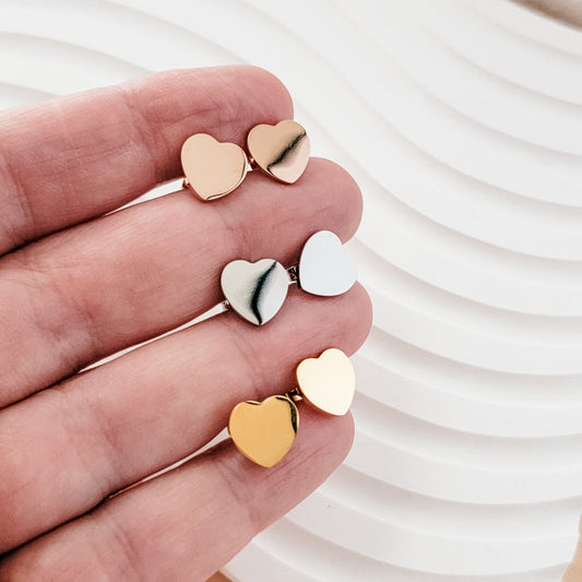 Heart Studs (Silver, Gold, or Rose Gold), 1 Pair Total, Metal Blank #13