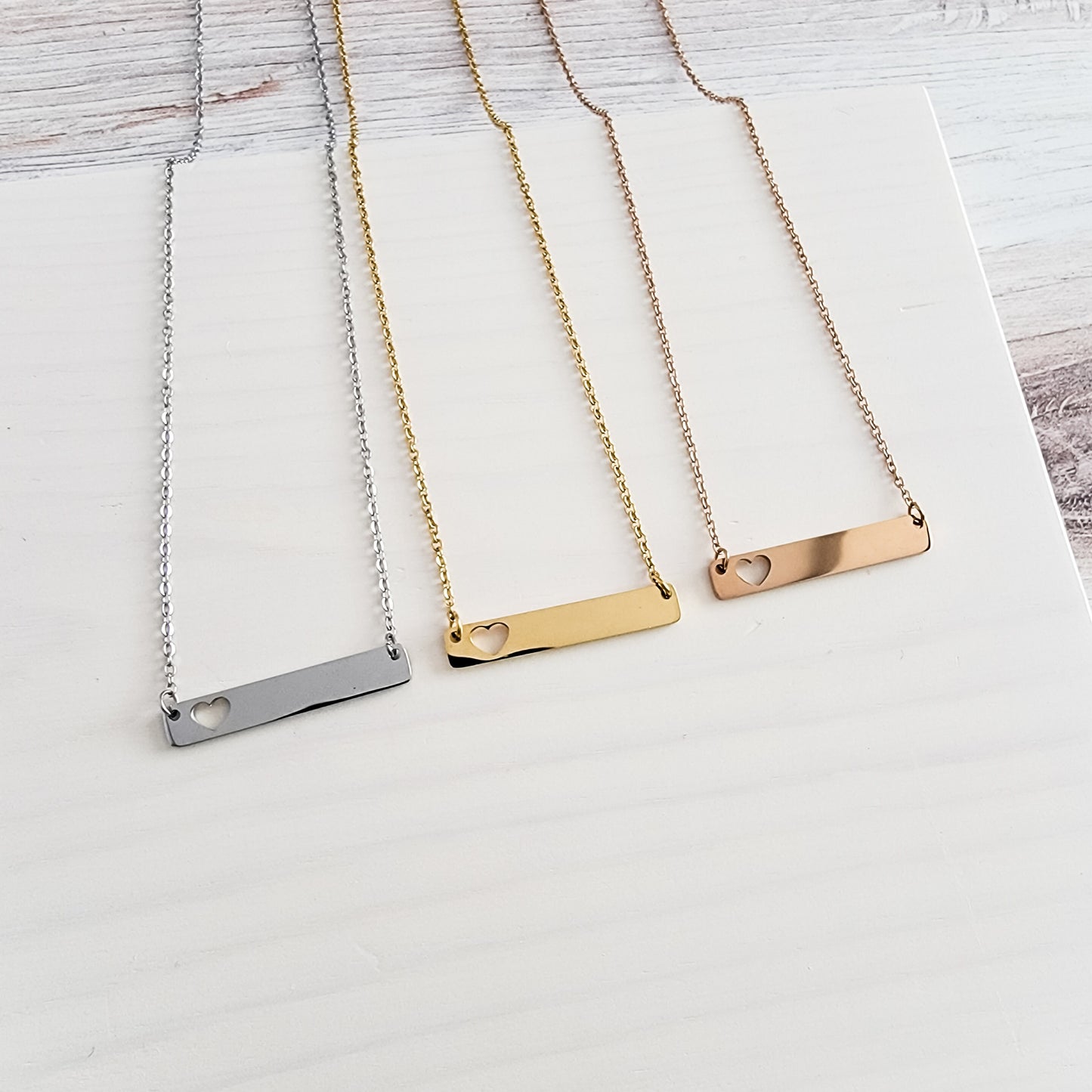 Heart Cutout Horizontal Bar Necklace (Silver, Gold, Rose Gold), 1 Total, Metal Blank #17