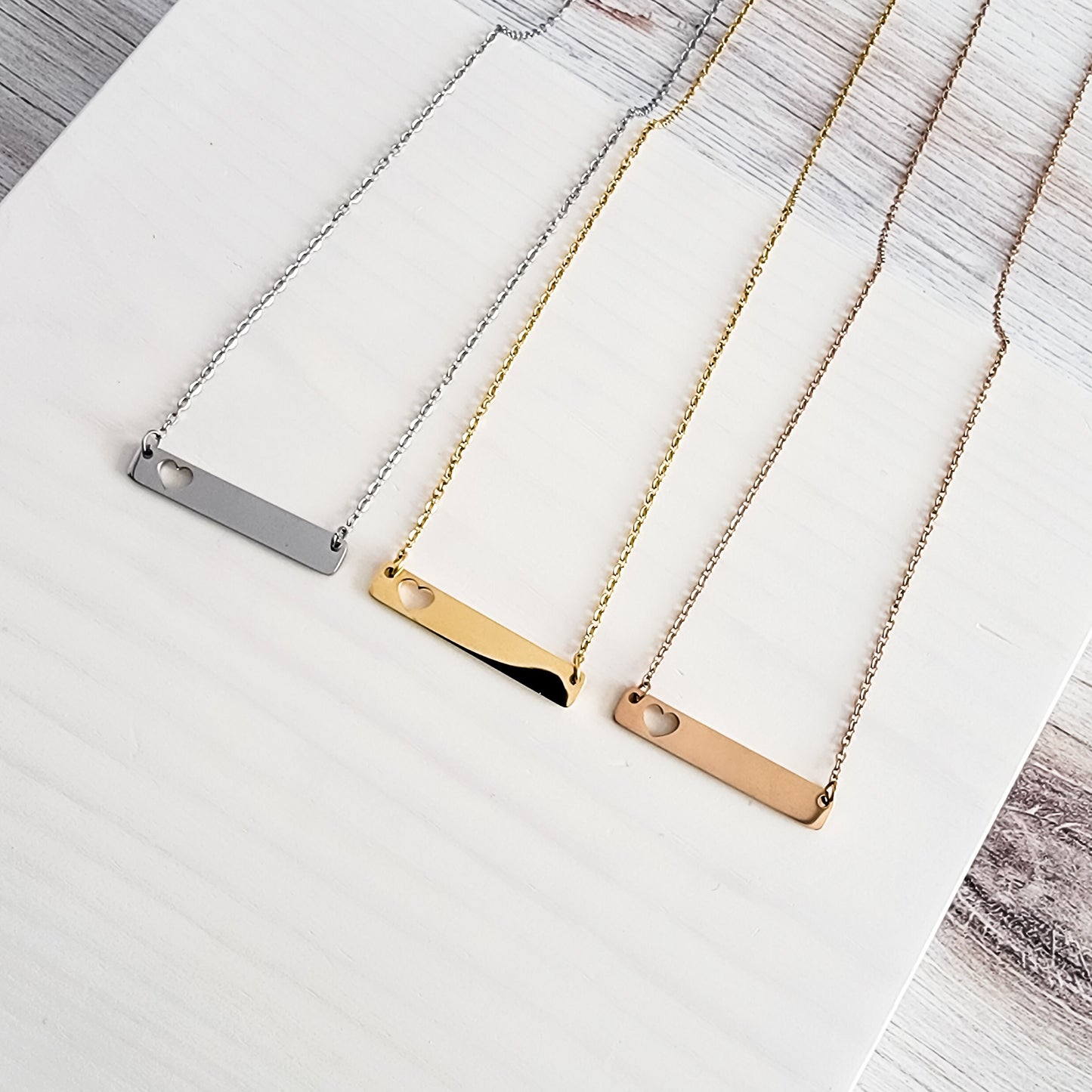 Heart Cutout Horizontal Bar Necklace (Silver, Gold, Rose Gold), 1 Total, Metal Blank #17