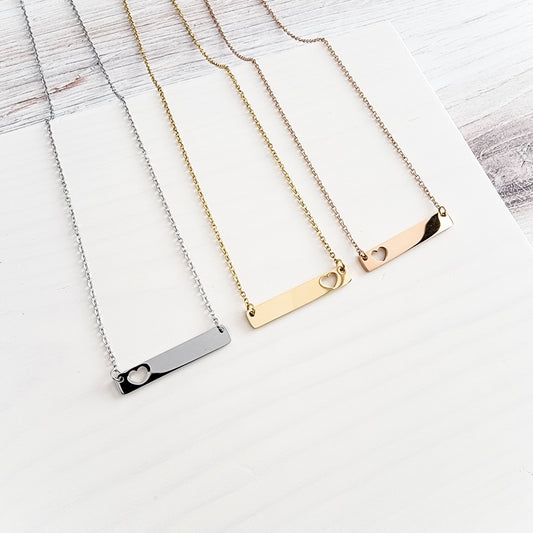 Heart Cutout Horizontal Bar Necklace (Silver, Gold, Rose Gold), 1 Total, Metal Blank #17