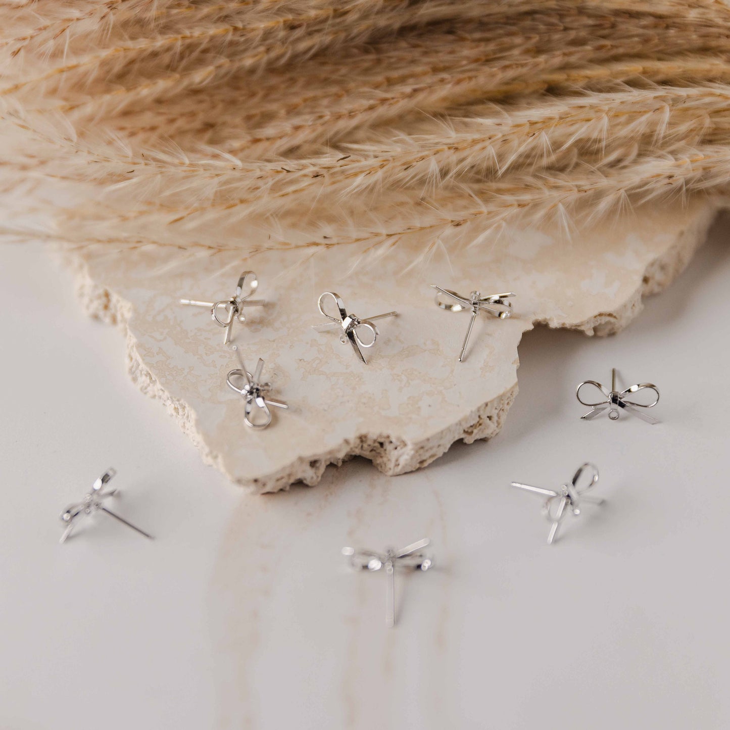 Silver Elegant Sterling Silver Bow Stud Connector, 10 Pieces, Bow #43