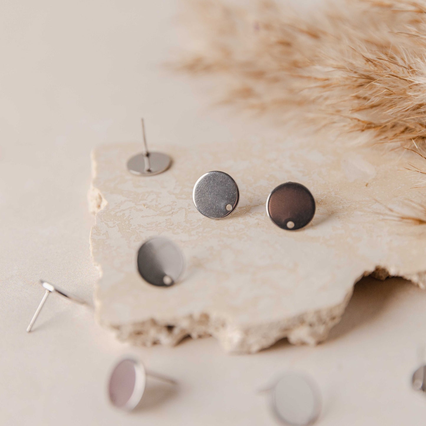 Silver Flat Round Stud Findings with Holes, 10 Pieces