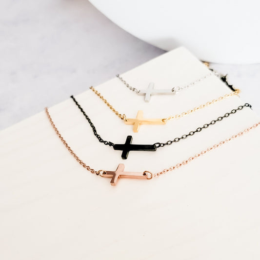 Tiny Horizontal Cross Necklace (Silver, Gold, Rose Gold, or Black), 1 Total, Metal Blank #42