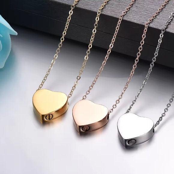Solid Heart Urn Memorial Necklace (Silver, Gold, or Rose Gold), 1 Total, Metal Blank #56