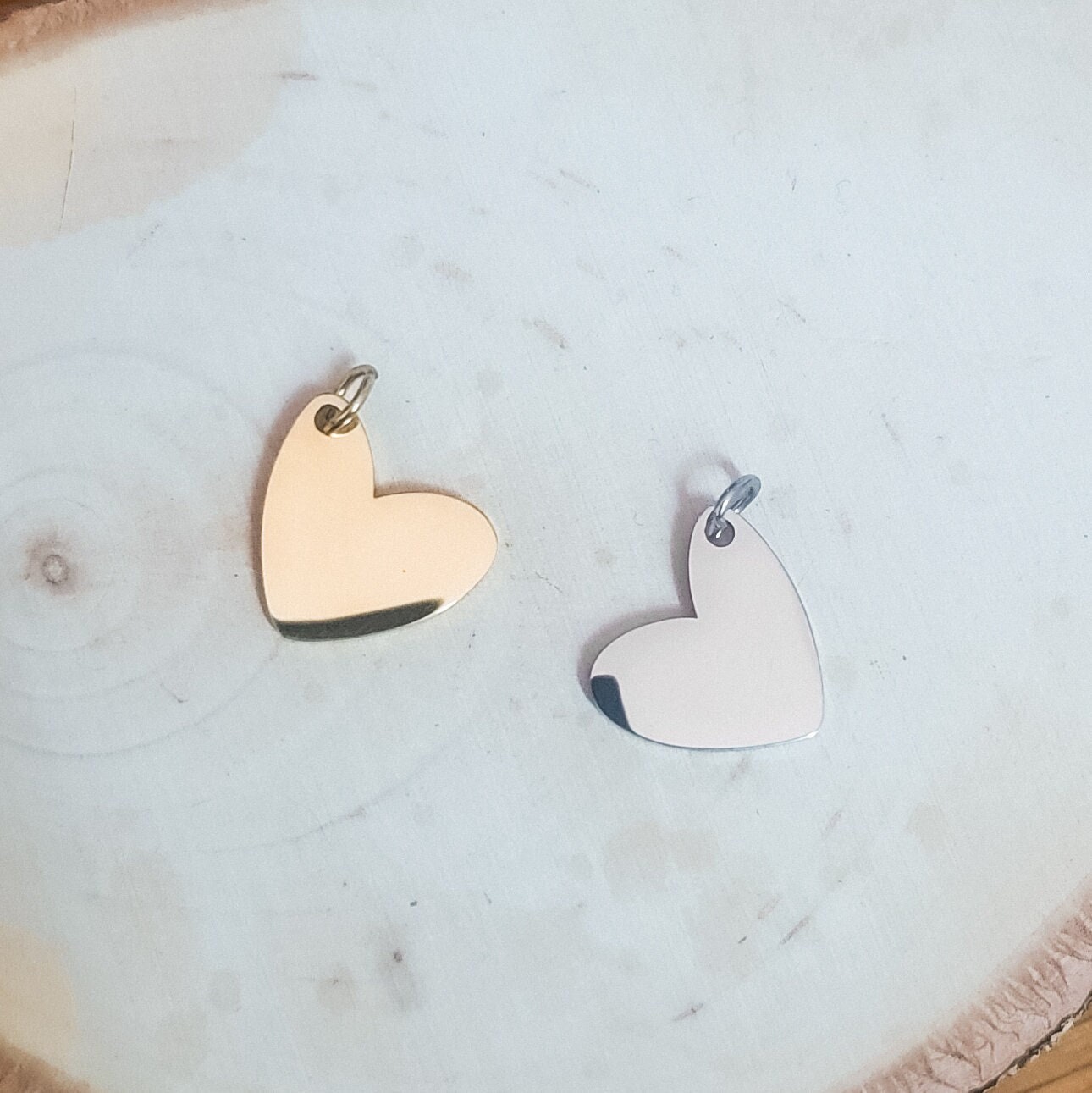 Small Angled Heart Charms with Attached Jump Rings (Silver or Gold), 5 Total, Metal Blank #41