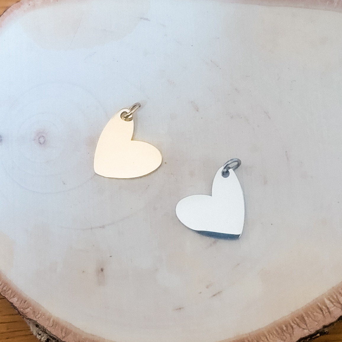 Small Angled Heart Charms with Attached Jump Rings (Silver or Gold), 5 Total, Metal Blank #41