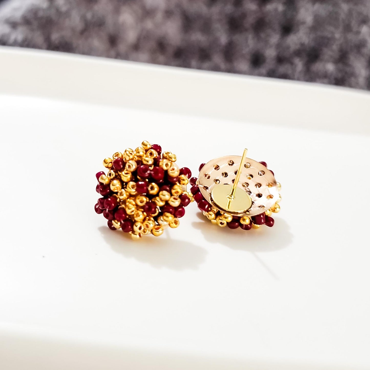 Maroon and Gold Mix 15mm Small Seed Bead Topper, 1 Pair