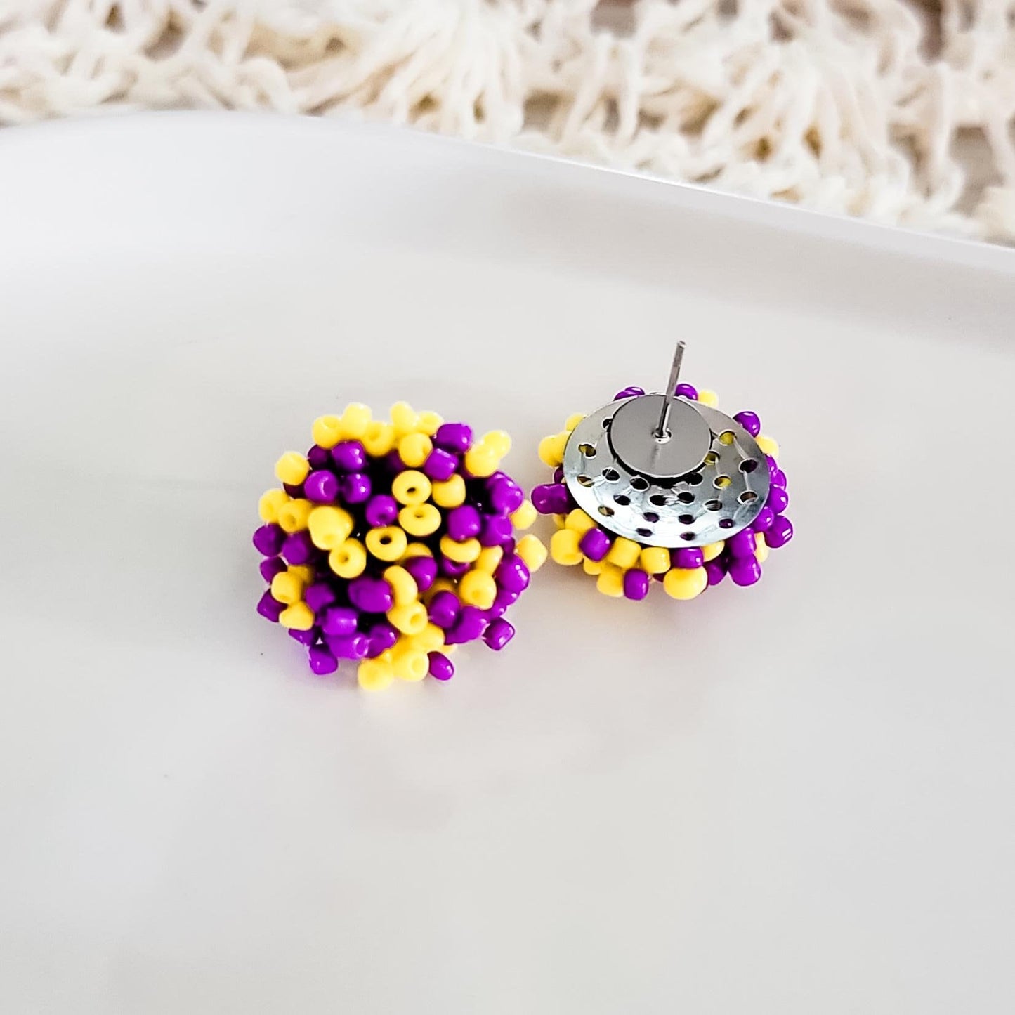 Yellow and Purple Mix 15mm Small Seed Bead Topper, 1 Pair