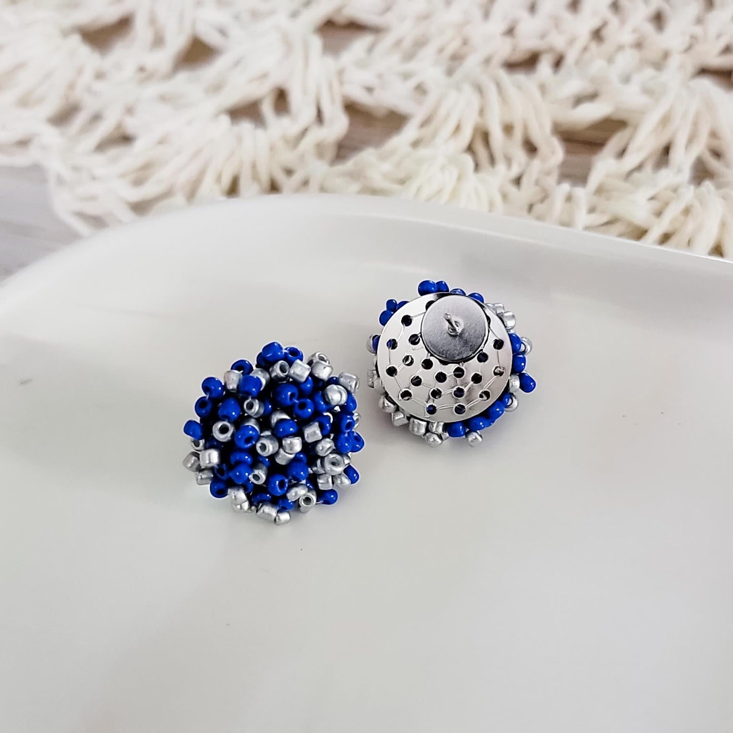 Royal Blue and Silver Mix 15mm Small Seed Bead Topper, 1 Pair