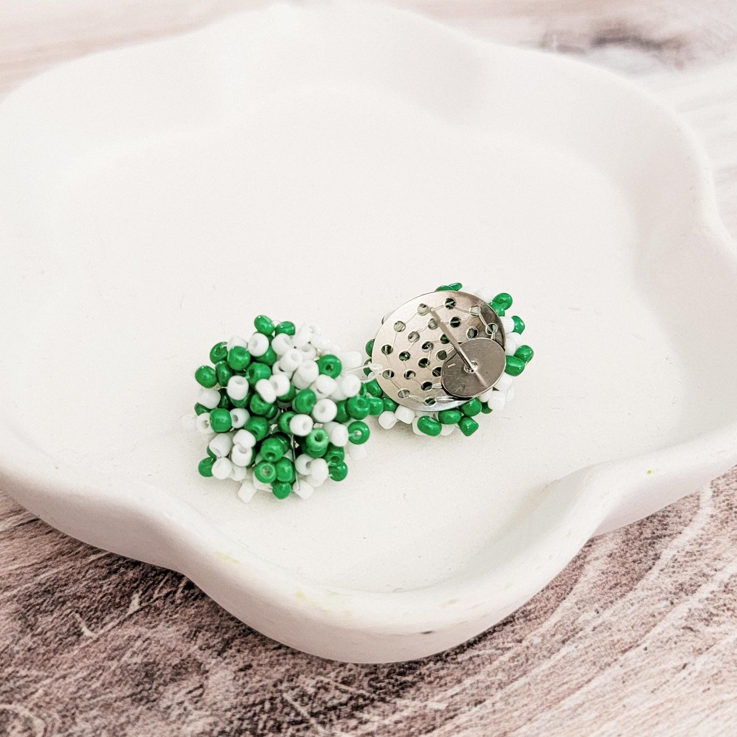 Kelly Green and White Mix 15mm Small Seed Bead Topper, 1 Pair