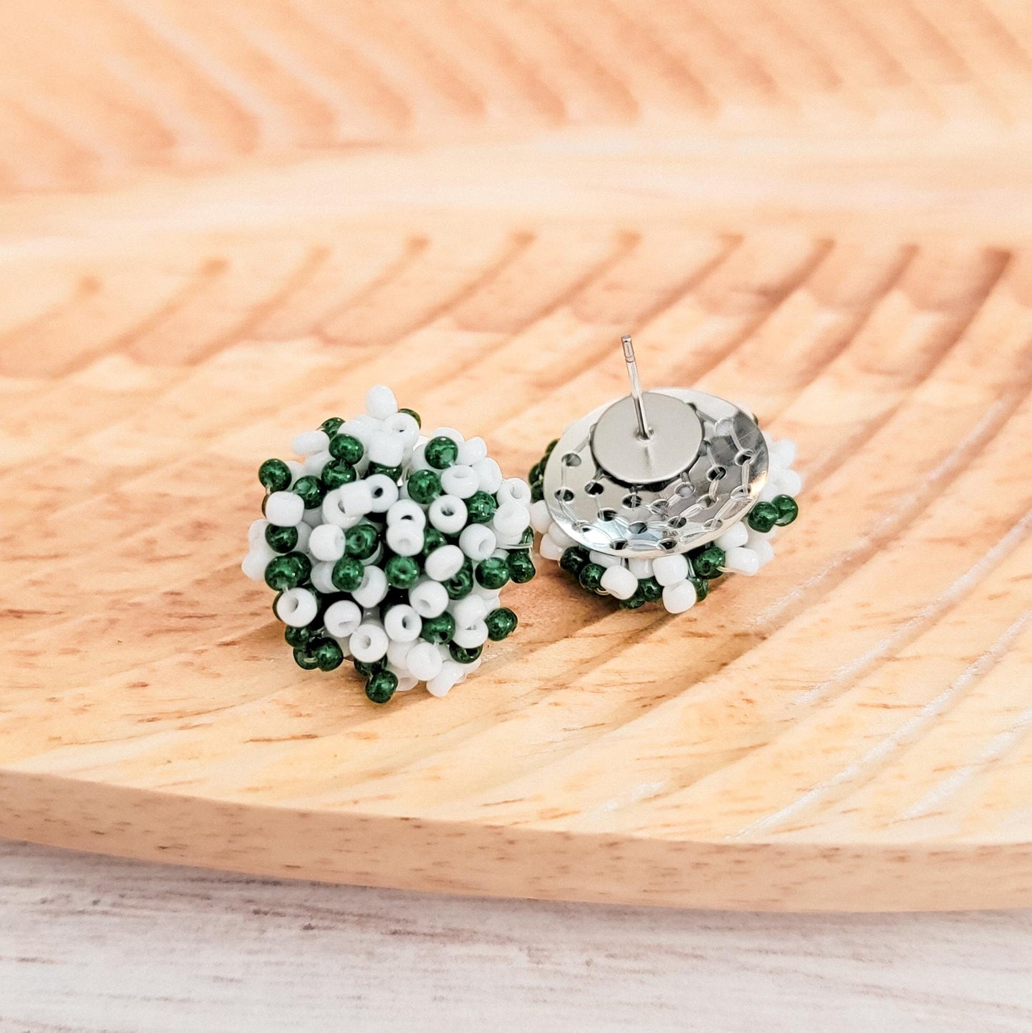 Emerald Green and White Mix 15mm Small Seed Bead Topper, 1 Pair