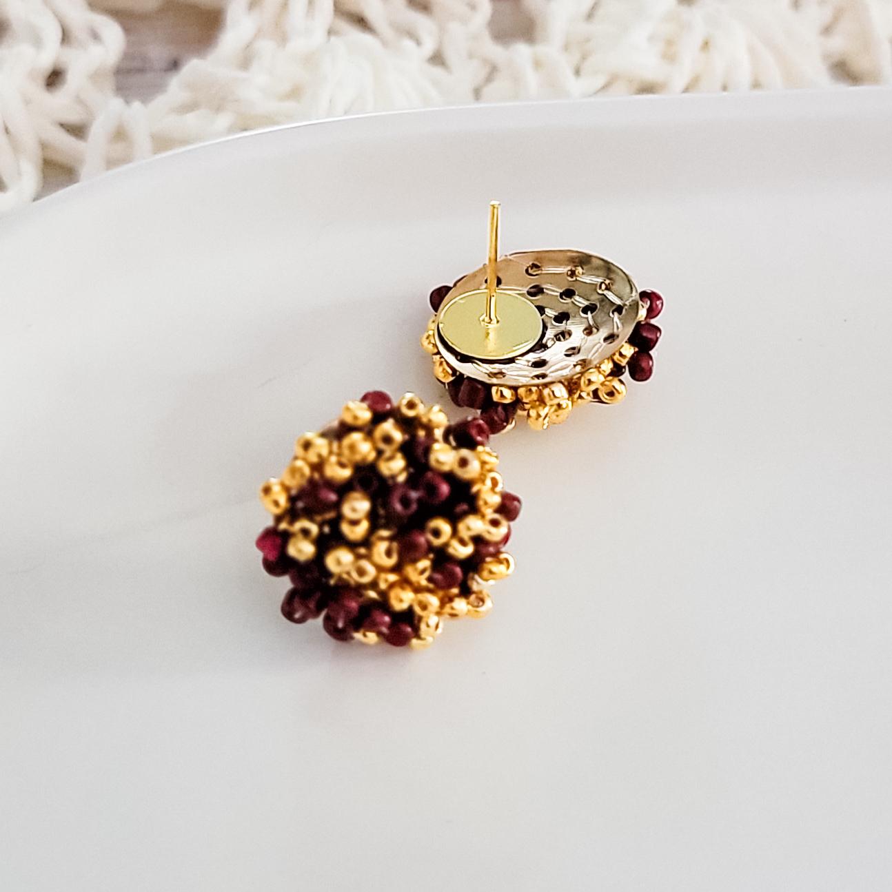 Maroon and Gold Mix 15mm Small Seed Bead Topper, 1 Pair