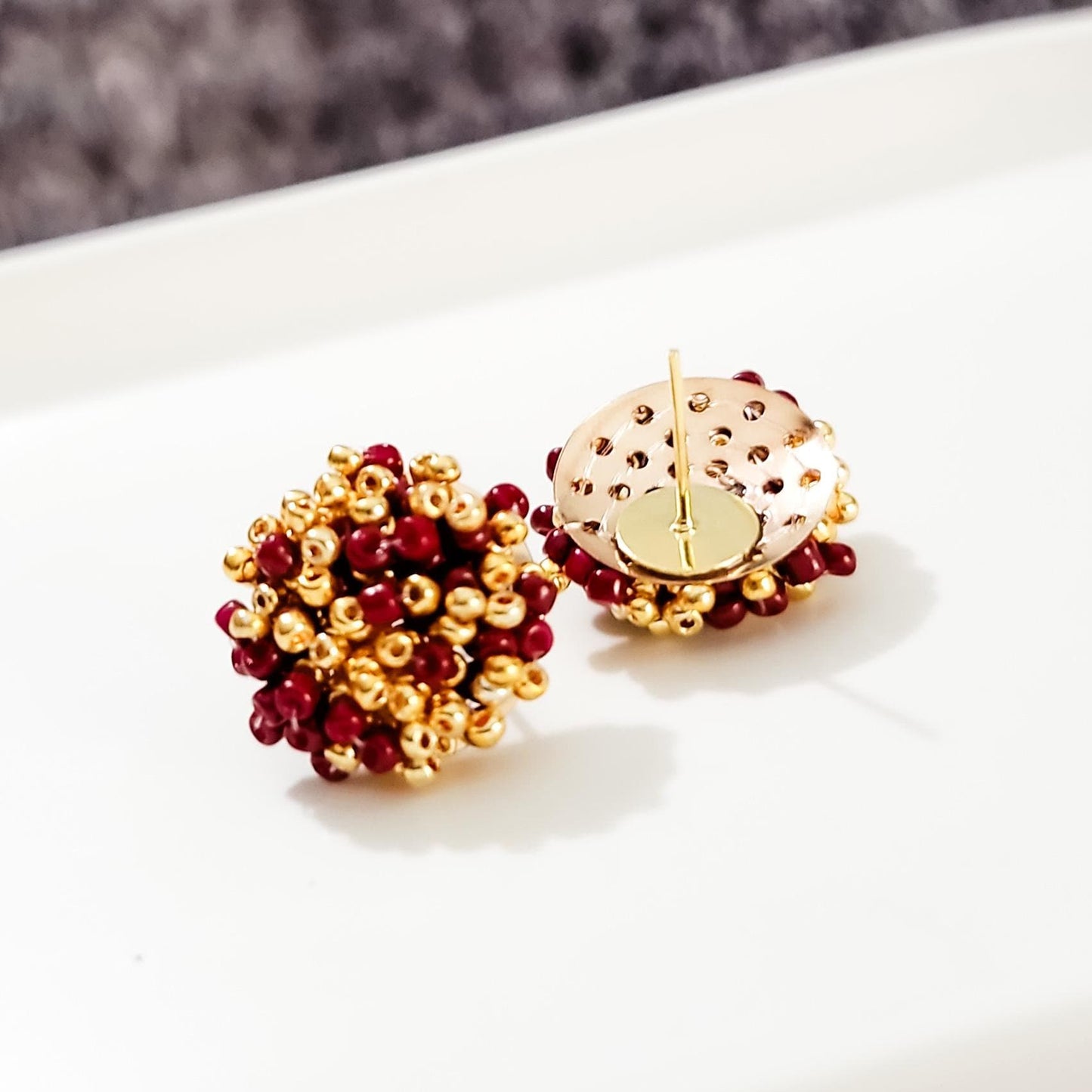 Maroon and Gold Mix 15mm Small Seed Bead Topper, 1 Pair