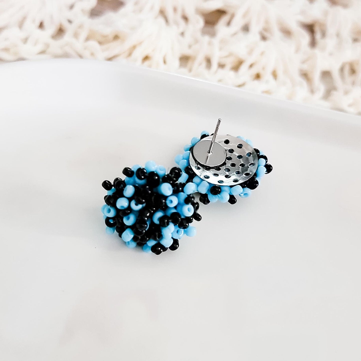 Sky Blue and Black Mix 15mm Small Seed Bead Topper, 1 Pair