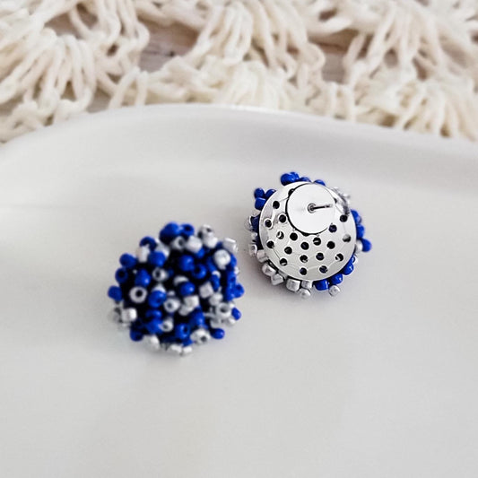 Royal Blue and Silver Mix 15mm Small Seed Bead Topper, 1 Pair