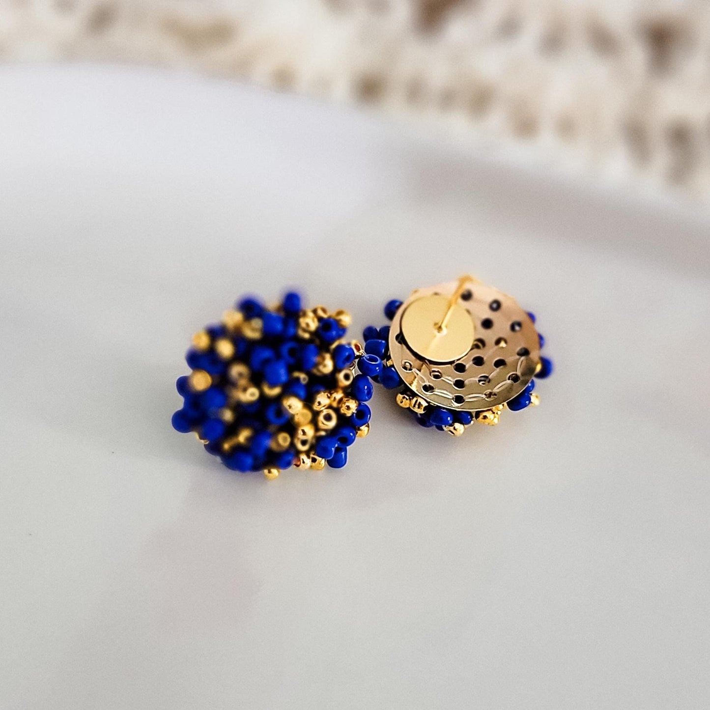 Royal Blue and Gold Mix 15mm Small Seed Bead Topper, 1 Pair