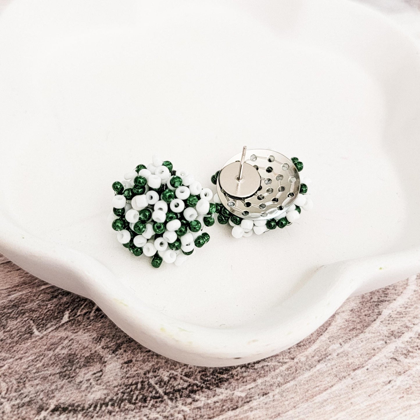 Emerald Green and White Mix 15mm Small Seed Bead Topper, 1 Pair