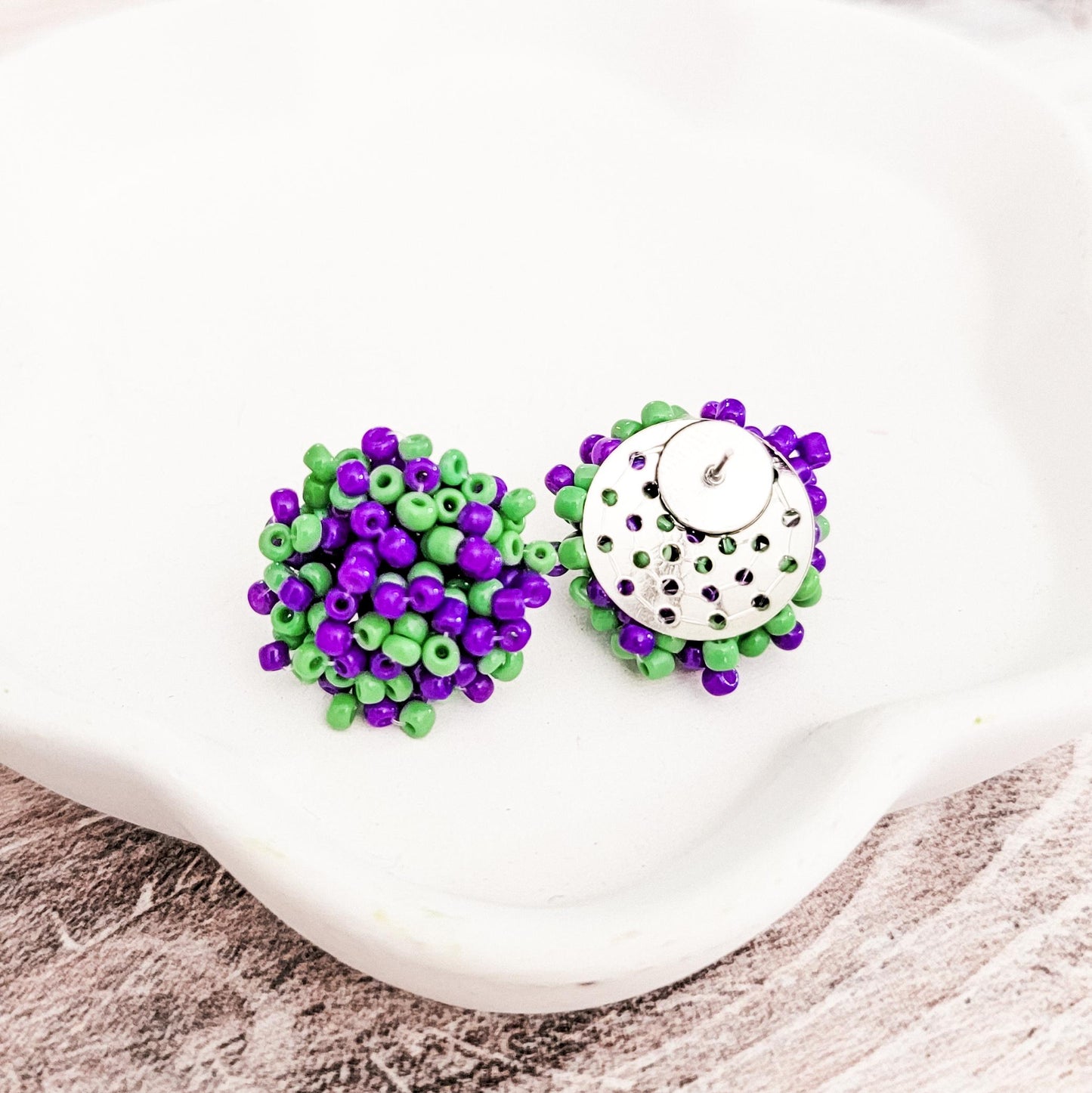 Purple and Kelly Green Mix 15mm Small Seed Bead Topper, 1 Pair