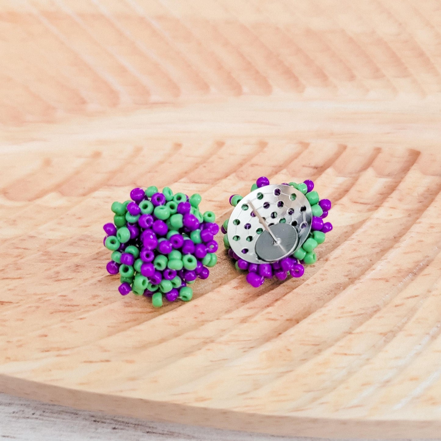 Purple and Kelly Green Mix 15mm Small Seed Bead Topper, 1 Pair