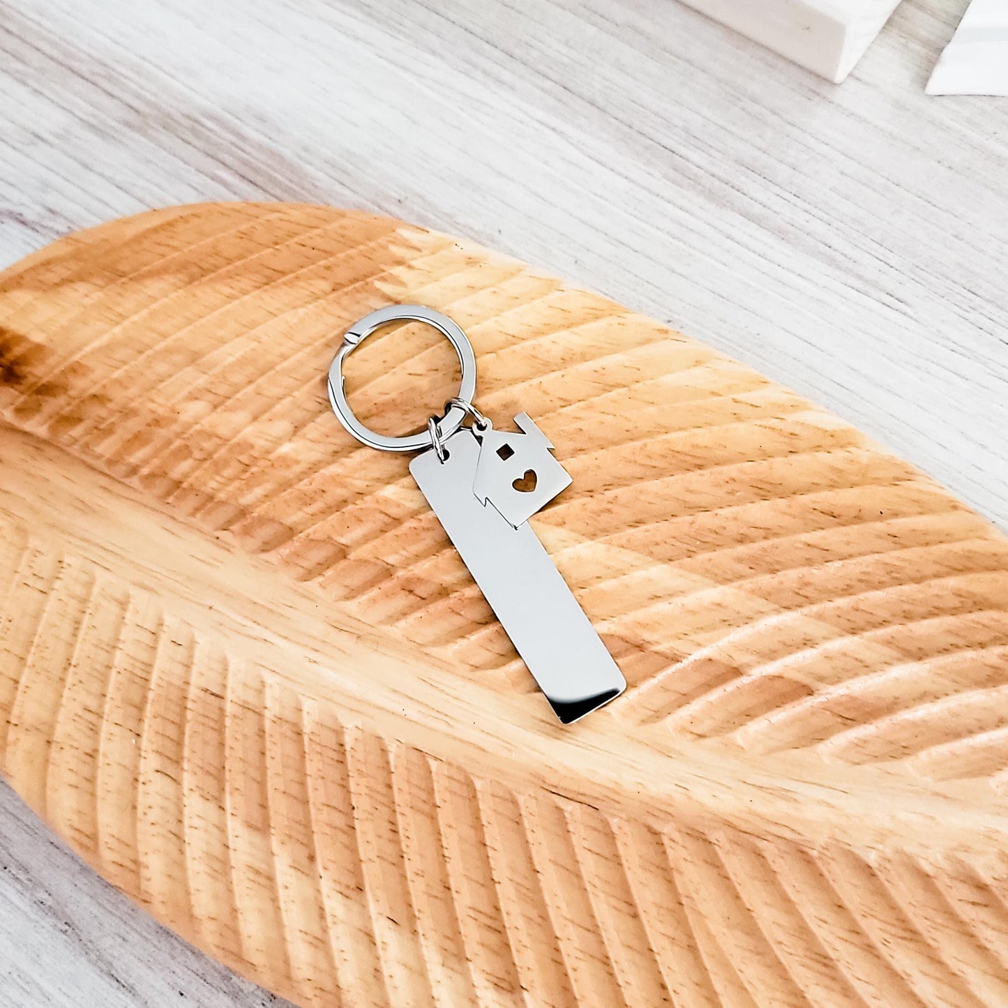 Rectangle with House Charm Keychain (Silver), 1 Piece Total, Metal Blank #92