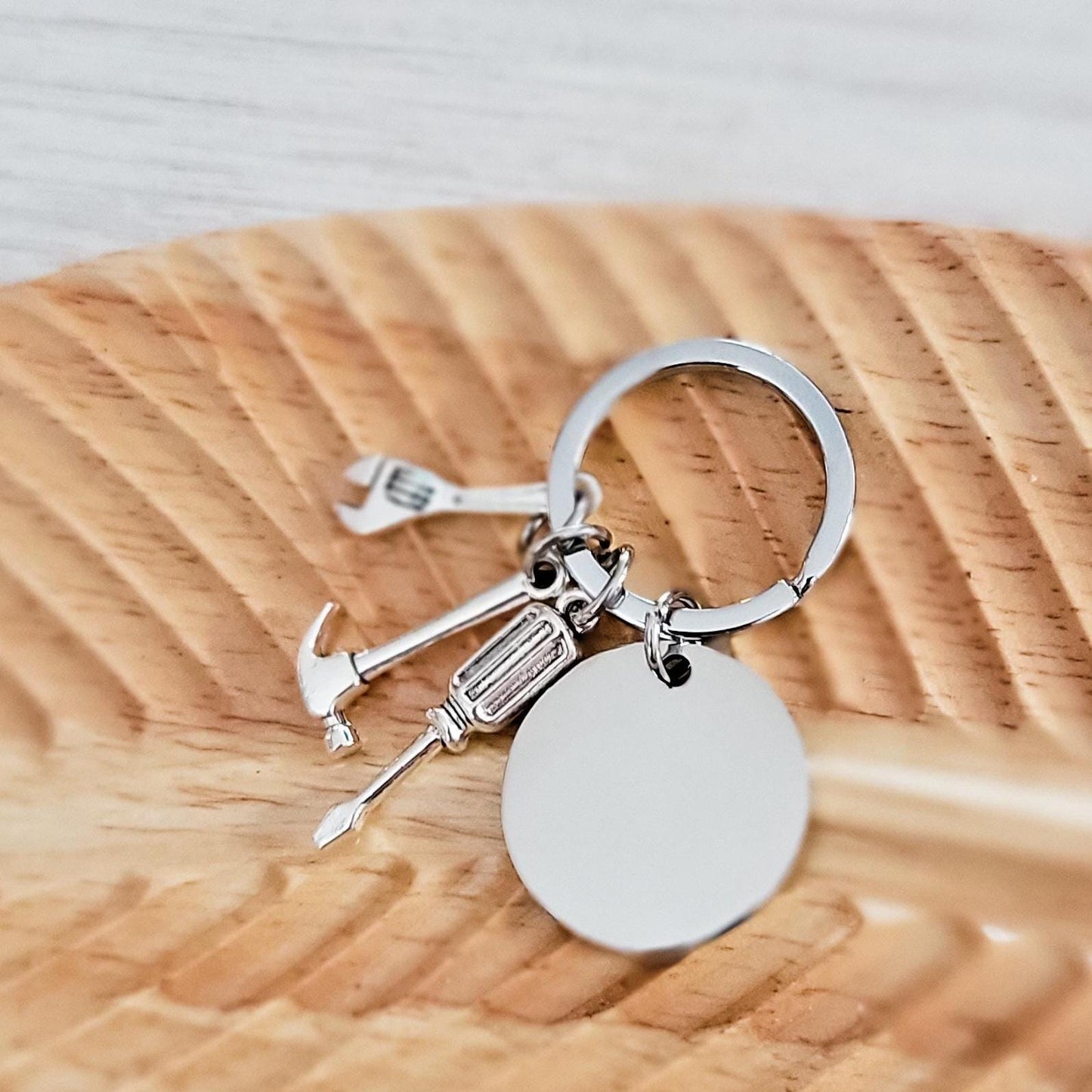 Disc with Tool Trio Charm Keychain (Silver), 1 Piece Total, Metal Blank #94