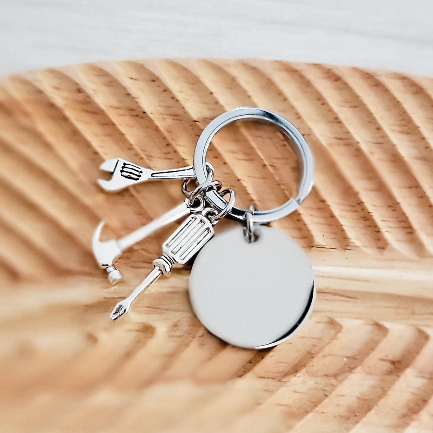 Disc with Tool Trio Charm Keychain (Silver), 1 Piece Total, Metal Blank #94