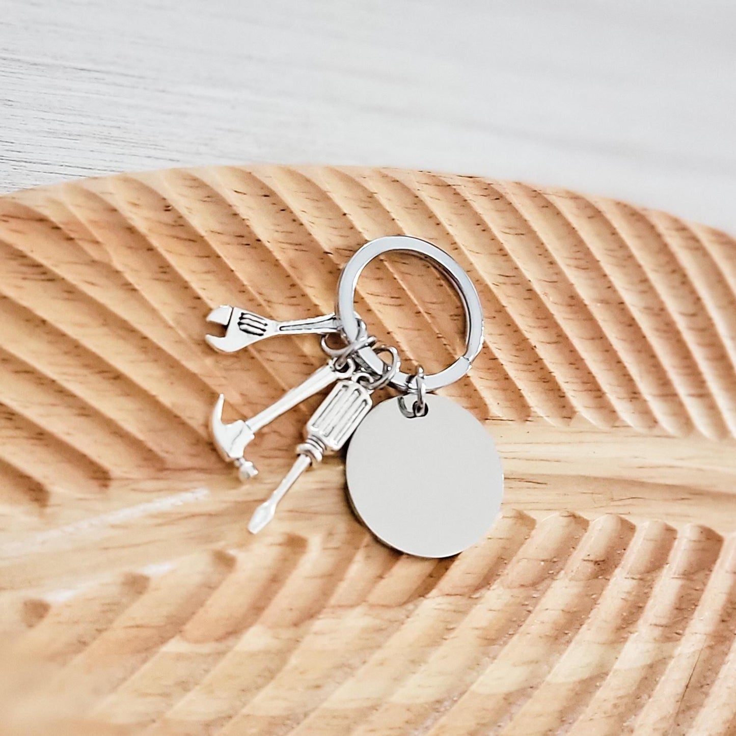 Disc with Tool Trio Charm Keychain (Silver), 1 Piece Total, Metal Blank #94