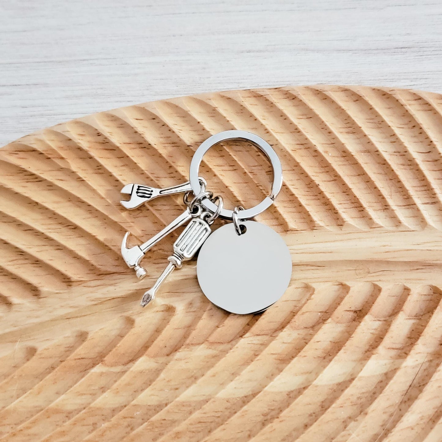 Disc with Tool Trio Charm Keychain (Silver), 1 Piece Total, Metal Blank #94