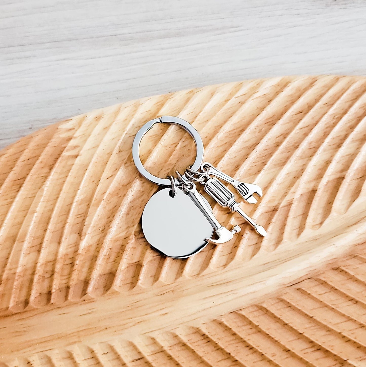 Disc with Tool Trio Charm Keychain (Silver), 1 Piece Total, Metal Blank #94