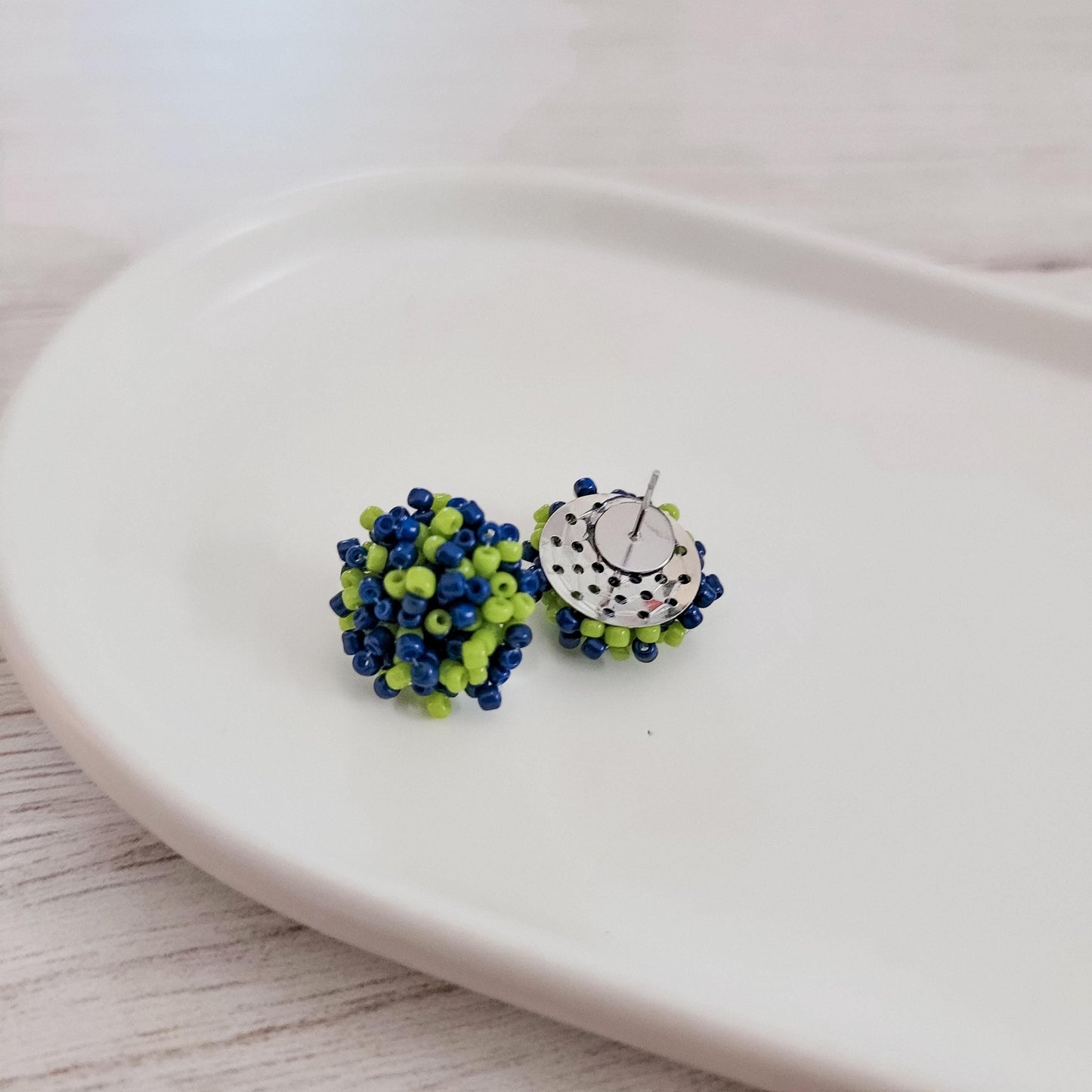 Navy and Spring Green Mix 15mm Small Seed Bead Topper, 1 Pair