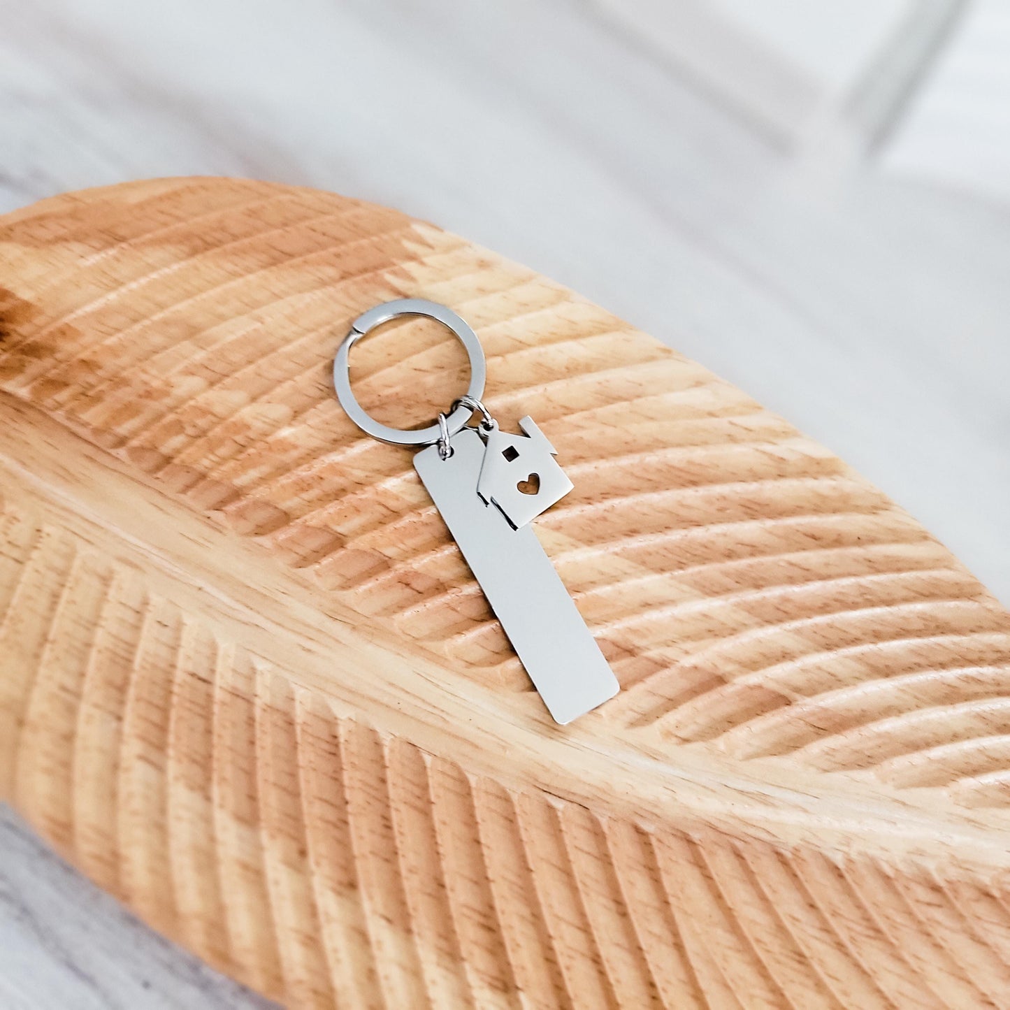 Rectangle with House Charm Keychain (Silver), 1 Piece Total, Metal Blank #92