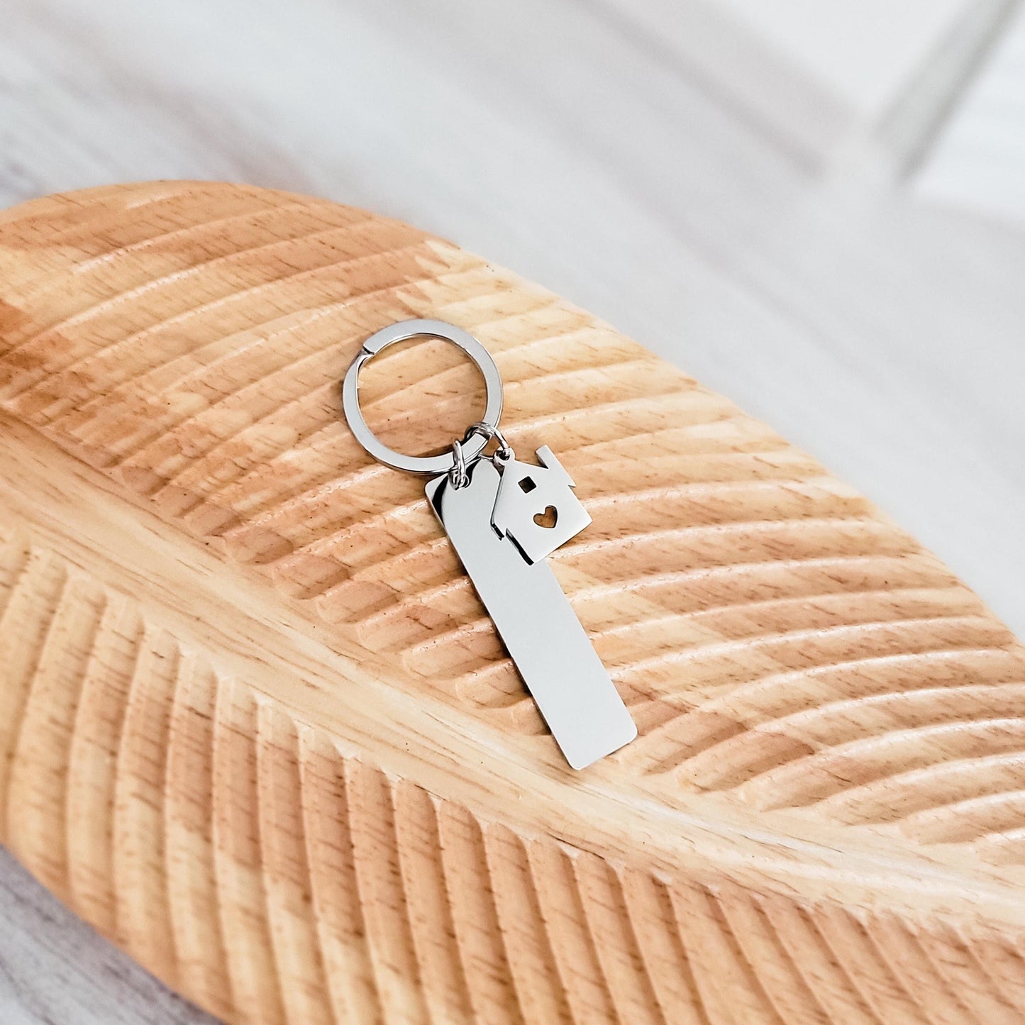 Rectangle with House Charm Keychain (Silver), 1 Piece Total, Metal Blank #92