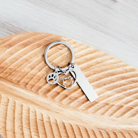 Rectangle with Cat and Paw Charm Keychain (Silver), 1 Piece Total, Metal Blank #93